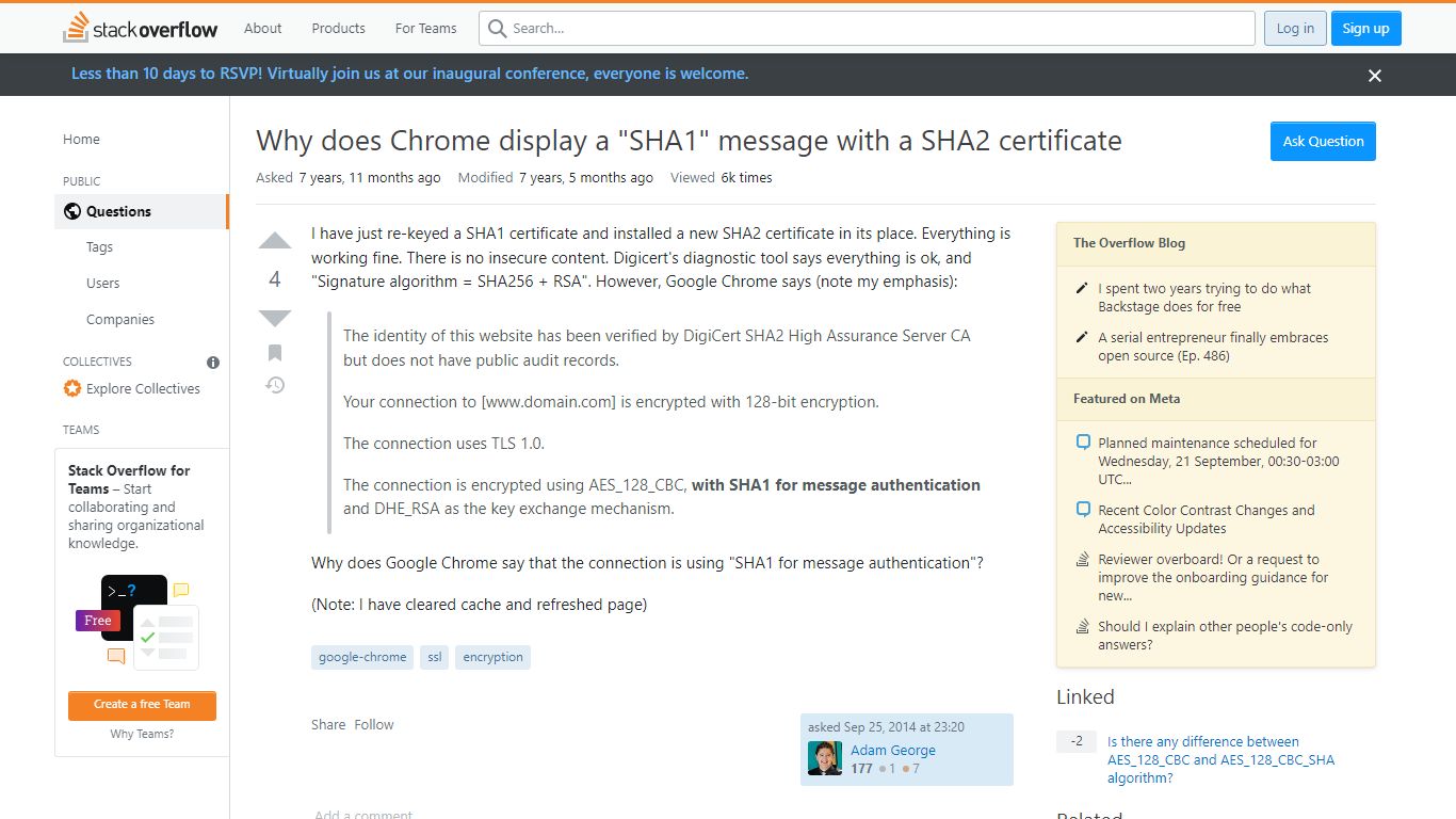 Why does Chrome display a "SHA1" message with a SHA2 certificate